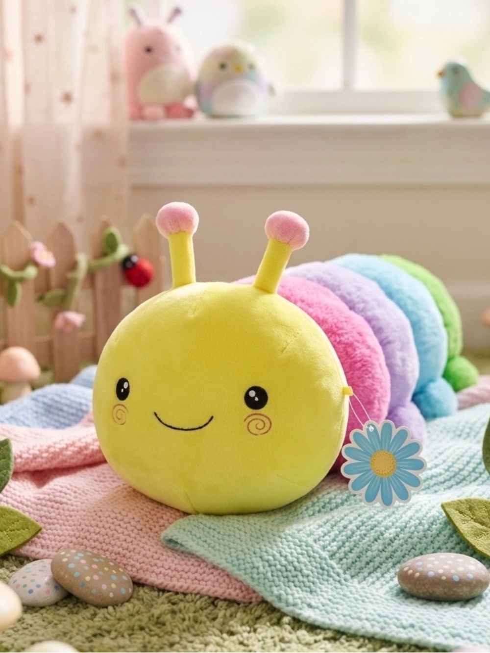 Plush Rainbow Caterpillar Stuffed Toy - Yellow, Pink, Purple, Blue, Green